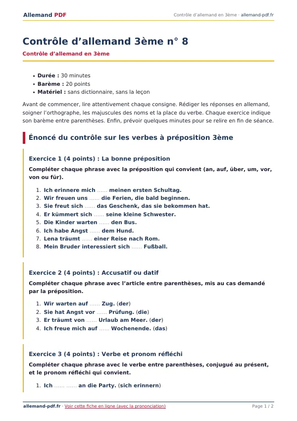 Contrôle « Contrôle d’allemand 3ème n° 8 » en PDF