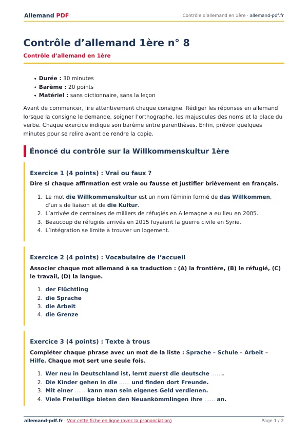 Contrôle « Contrôle d’allemand 1ère n° 8 » en PDF