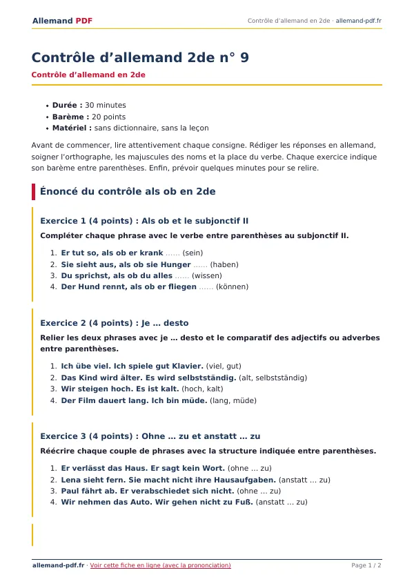 Contrôle « Contrôle d’allemand 2de n° 9 » en PDF