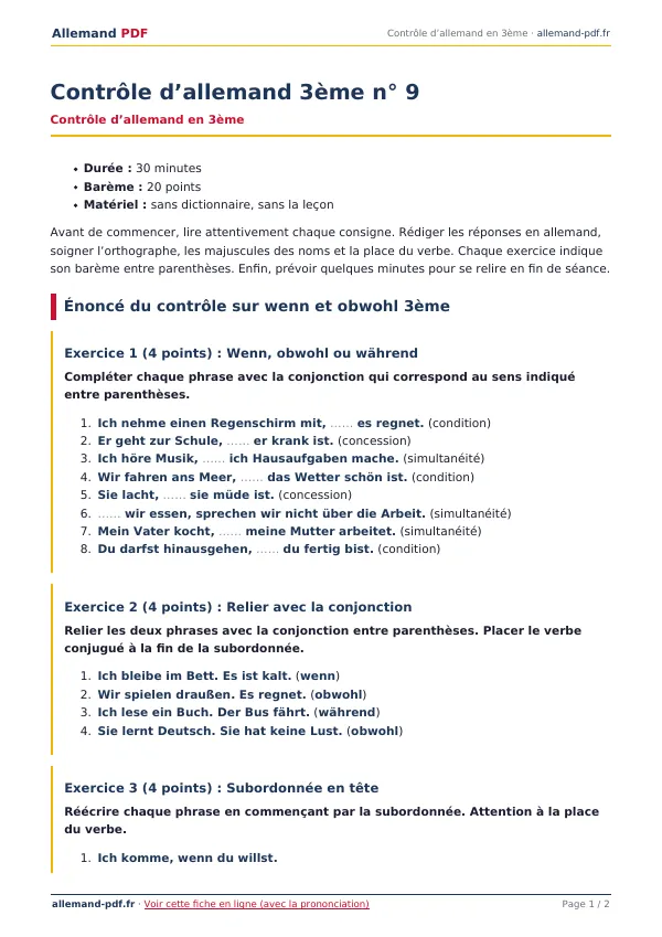 Contrôle « Contrôle d’allemand 3ème n° 9 » en PDF