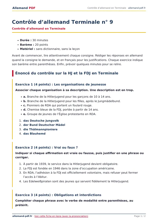 Contrôle « Contrôle d’allemand Terminale n° 9 » en PDF