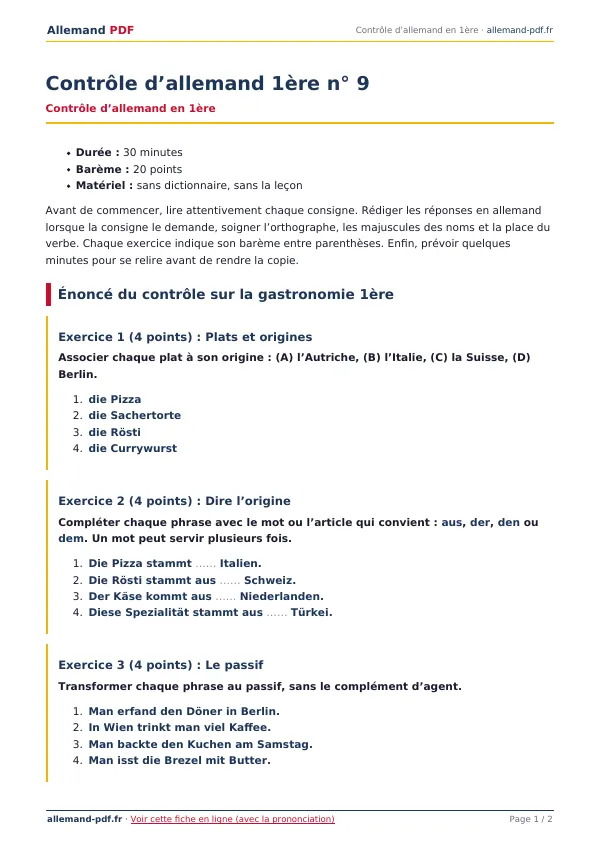 Contrôle « Contrôle d’allemand 1ère n° 9 » en PDF