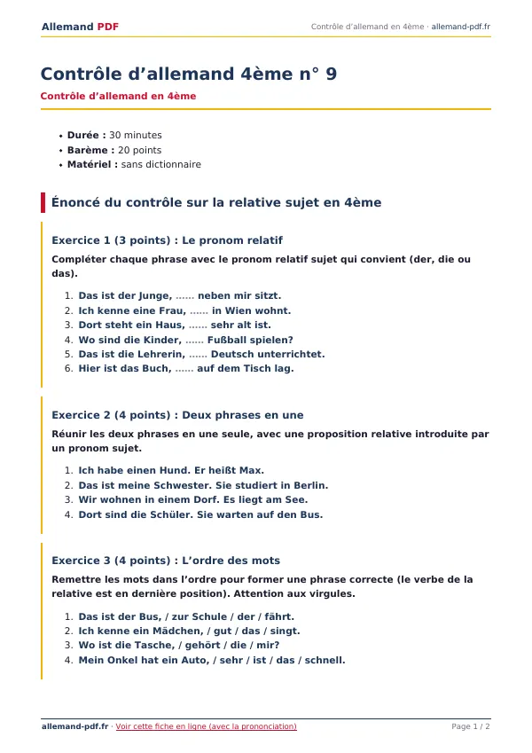 Contrôle « Contrôle d’allemand 4ème n° 9 » en PDF