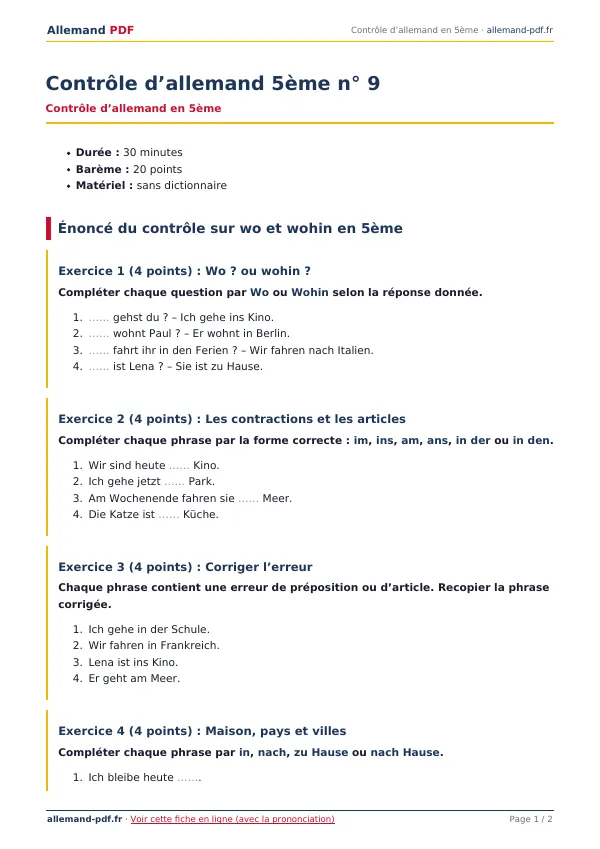 Contrôle « Contrôle d’allemand 5ème n° 9 » en PDF