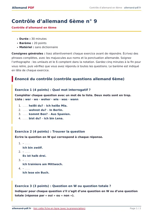 Contrôle « Contrôle d’allemand 6ème n° 9 » en PDF