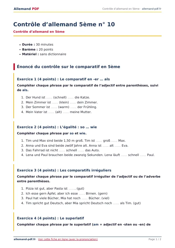 Contrôle « Contrôle d’allemand 5ème n° 10 » en PDF