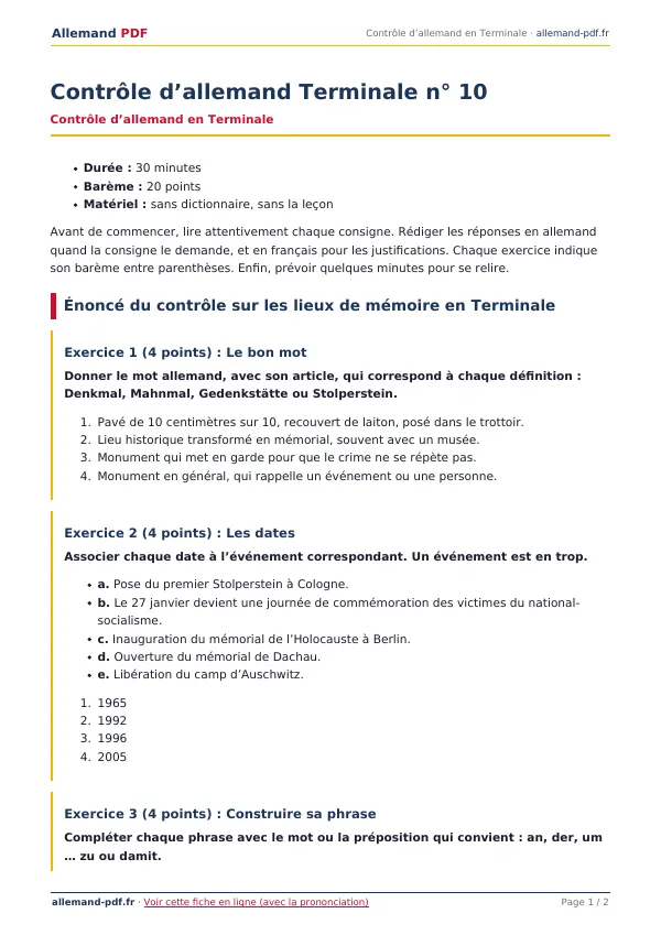 Contrôle « Contrôle d’allemand Terminale n° 10 » en PDF