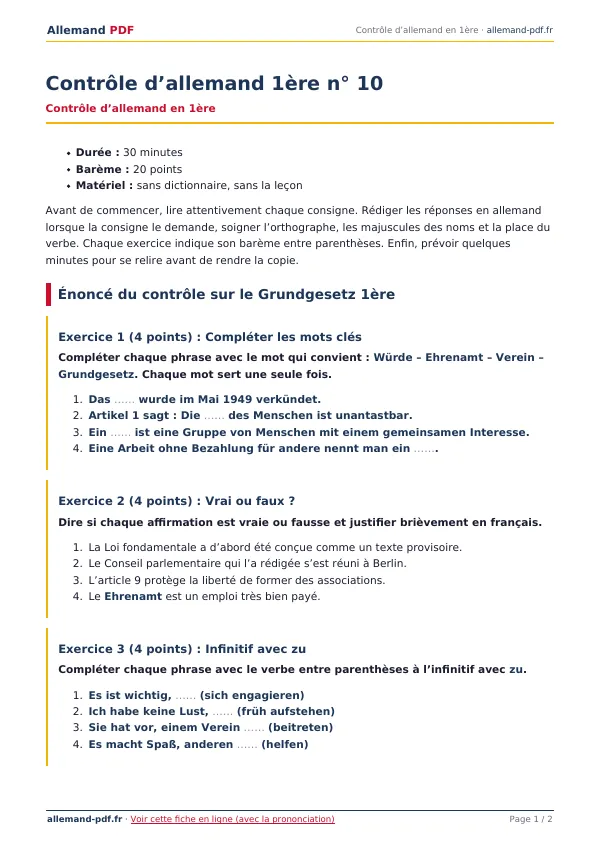 Contrôle « Contrôle d’allemand 1ère n° 10 » en PDF