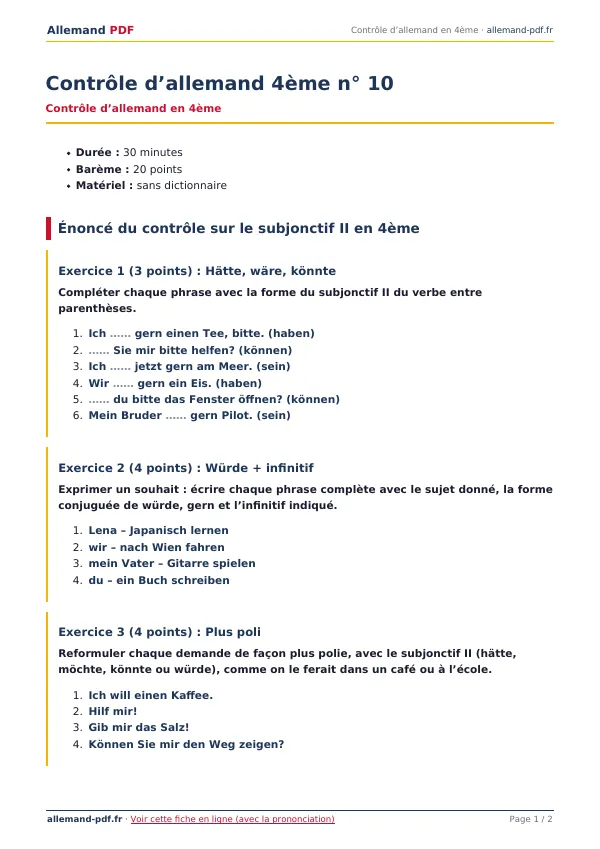 Contrôle « Contrôle d’allemand 4ème n° 10 » en PDF