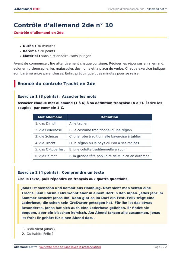 Contrôle « Contrôle d’allemand 2de n° 10 » en PDF
