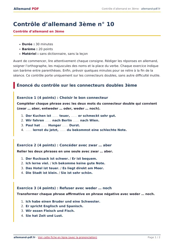 Contrôle « Contrôle d’allemand 3ème n° 10 » en PDF