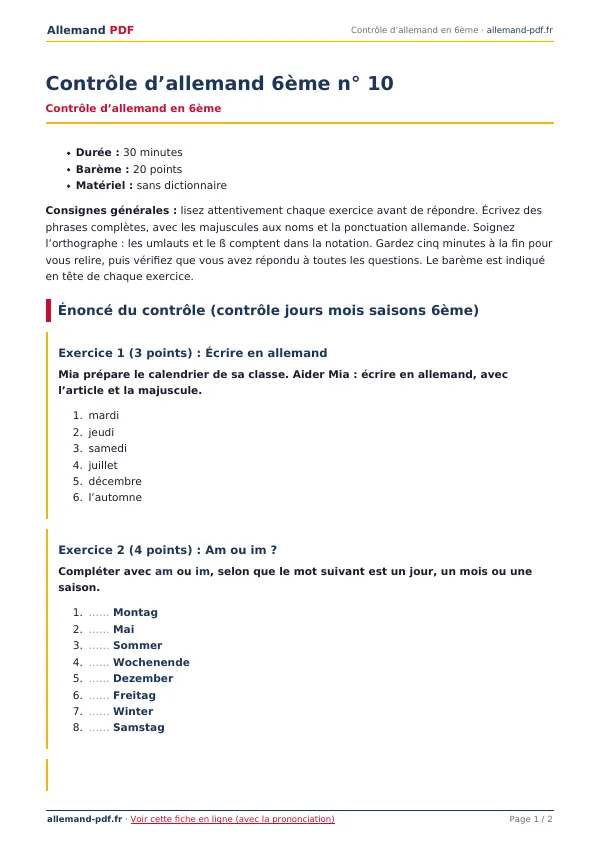 Contrôle « Contrôle d’allemand 6ème n° 10 » en PDF