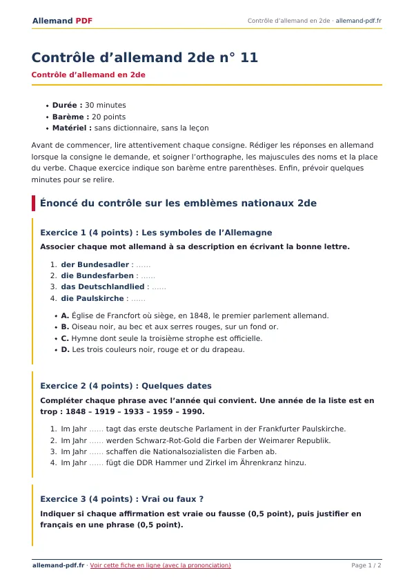 Contrôle « Contrôle d’allemand 2de n° 11 » en PDF