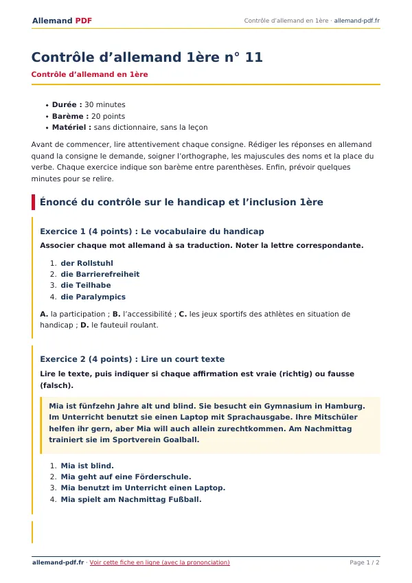 Contrôle « Contrôle d’allemand 1ère n° 11 » en PDF