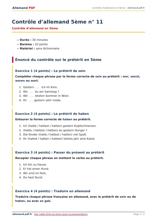 Contrôle « Contrôle d’allemand 5ème n° 11 » en PDF