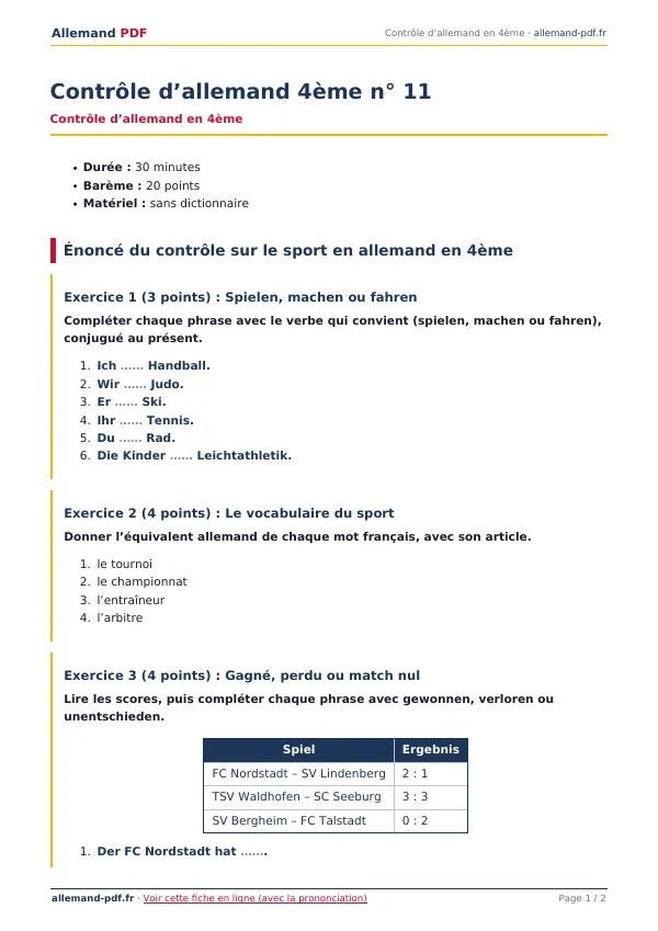 Contrôle « Contrôle d’allemand 4ème n° 11 » en PDF