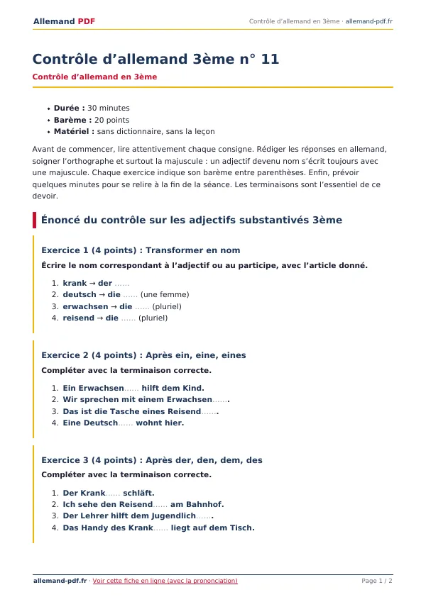 Contrôle « Contrôle d’allemand 3ème n° 11 » en PDF