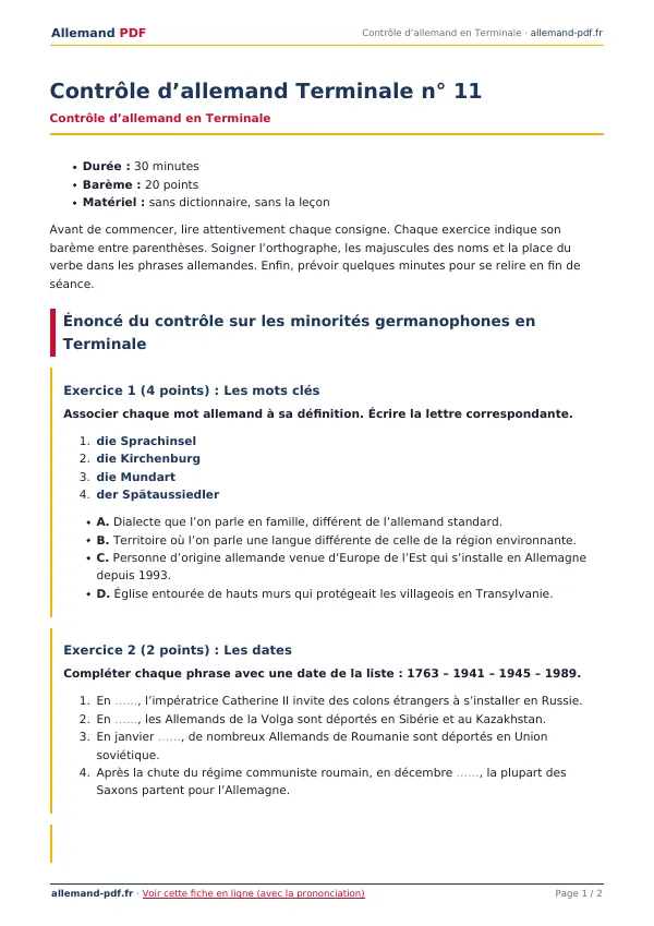 Contrôle « Contrôle d’allemand Terminale n° 11 » en PDF