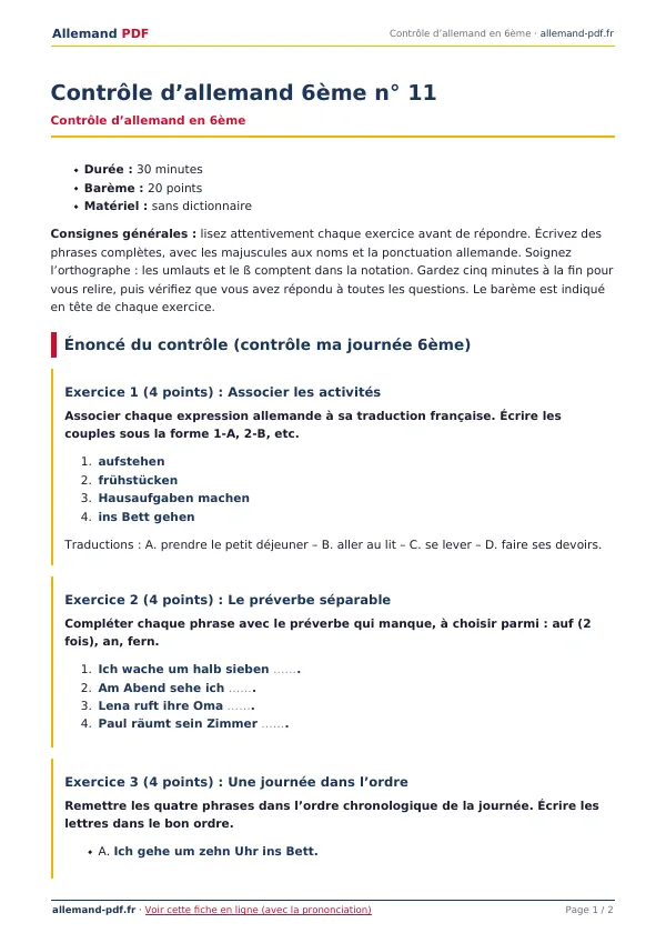 Contrôle « Contrôle d’allemand 6ème n° 11 » en PDF