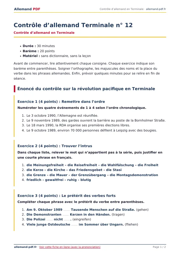 Contrôle « Contrôle d’allemand Terminale n° 12 » en PDF