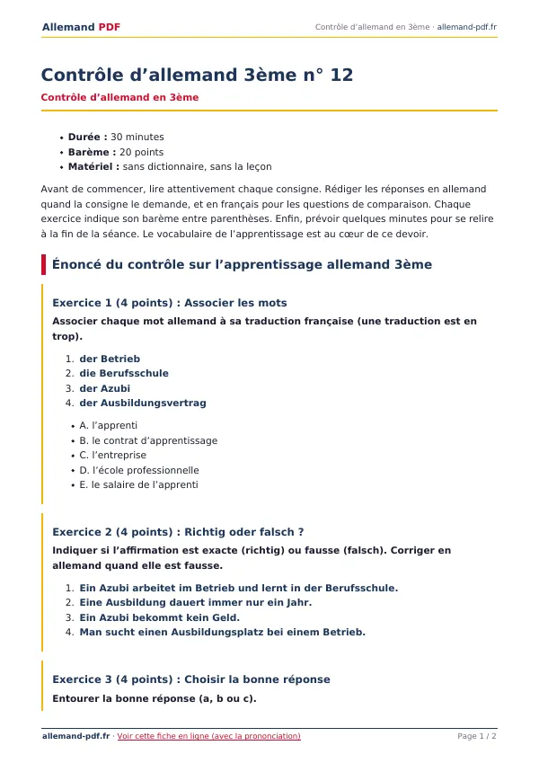 Contrôle « Contrôle d’allemand 3ème n° 12 » en PDF