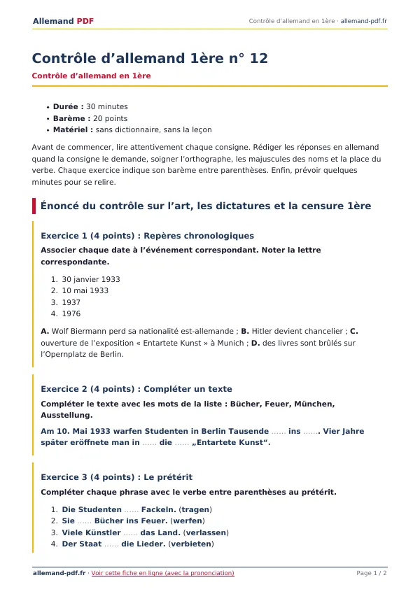 Contrôle « Contrôle d’allemand 1ère n° 12 » en PDF