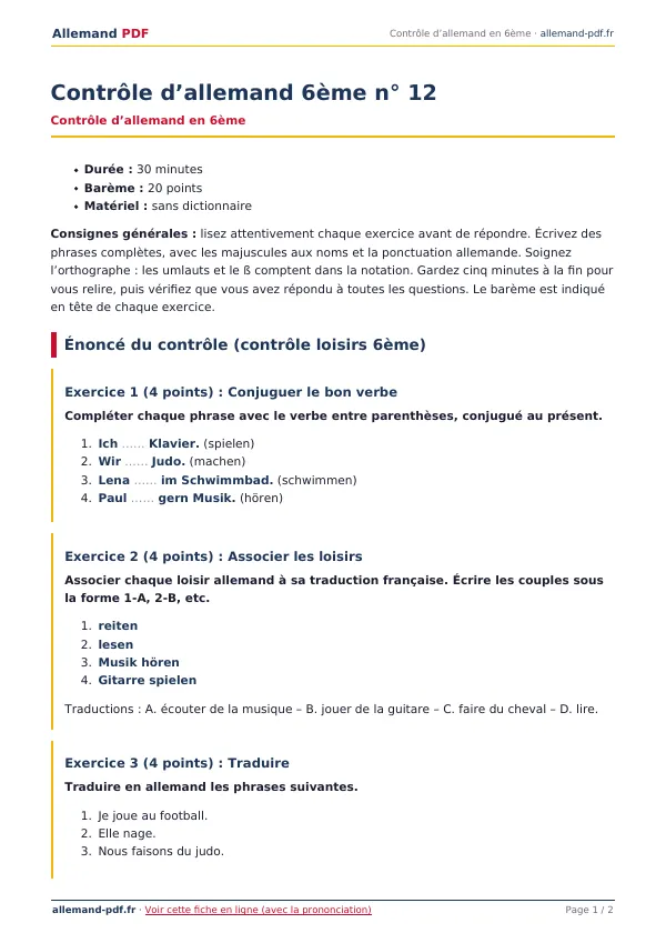 Contrôle « Contrôle d’allemand 6ème n° 12 » en PDF