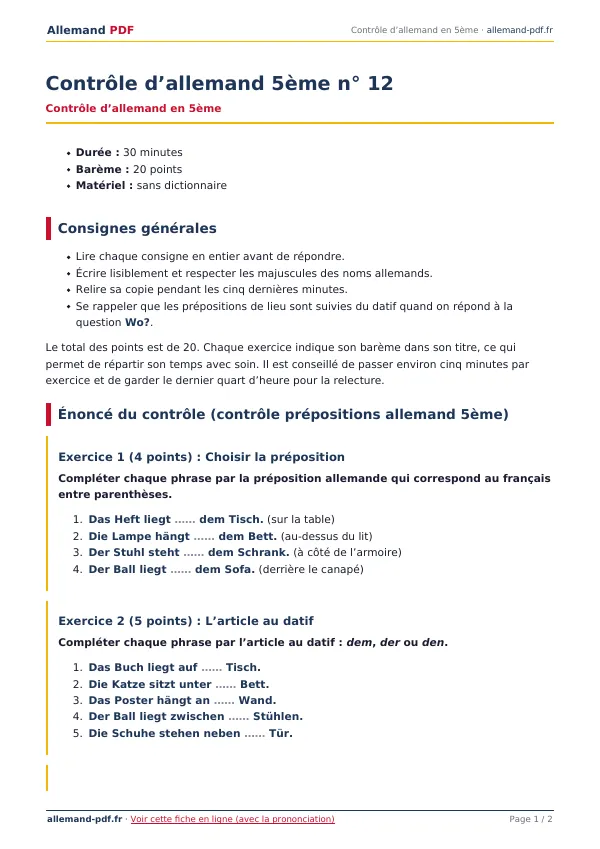 Contrôle « Contrôle d’allemand 5ème n° 12 » en PDF