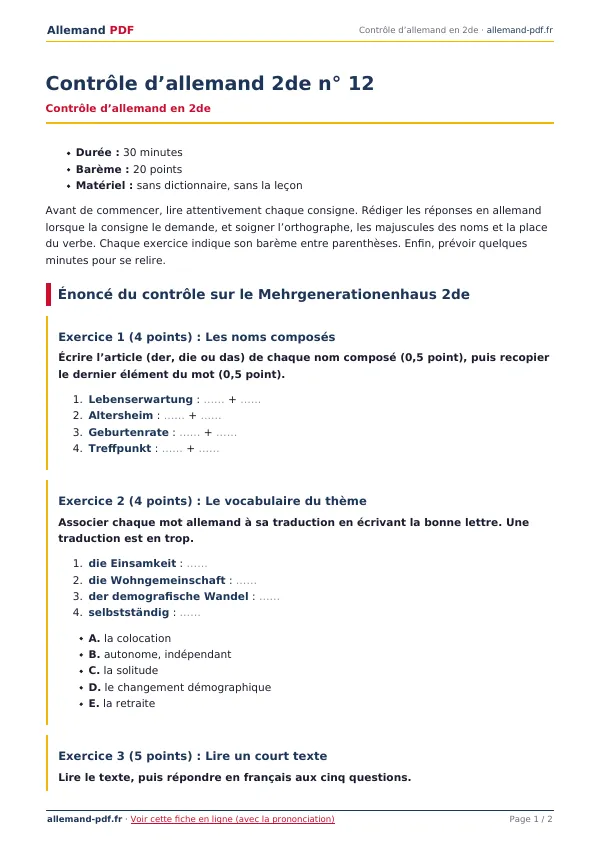 Contrôle « Contrôle d’allemand 2de n° 12 » en PDF