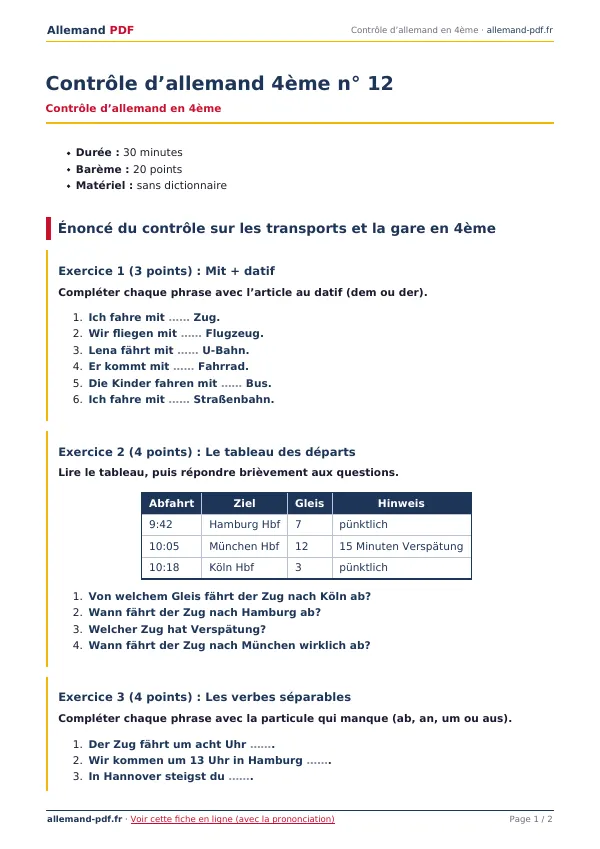 Contrôle « Contrôle d’allemand 4ème n° 12 » en PDF