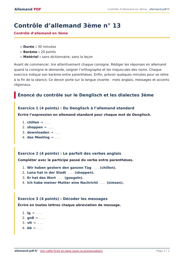 Contrôle « Contrôle d’allemand 3ème n° 13 » en PDF