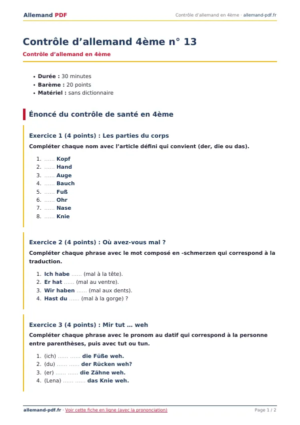 Contrôle « Contrôle d’allemand 4ème n° 13 » en PDF