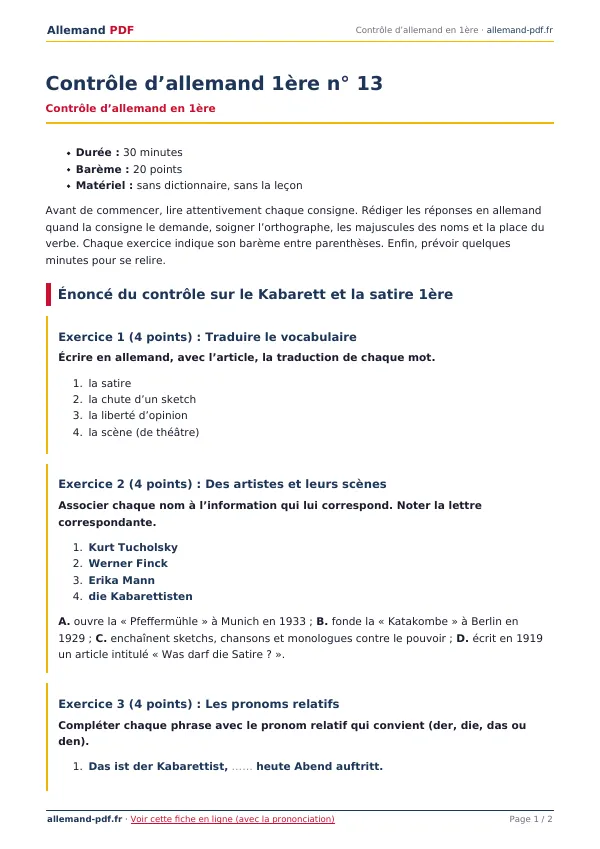 Contrôle « Contrôle d’allemand 1ère n° 13 » en PDF