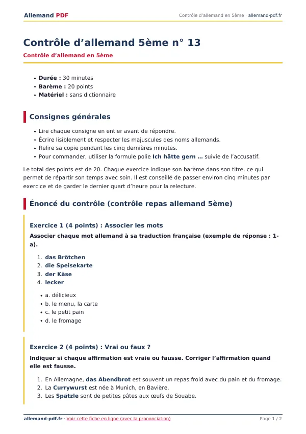 Contrôle « Contrôle d’allemand 5ème n° 13 » en PDF