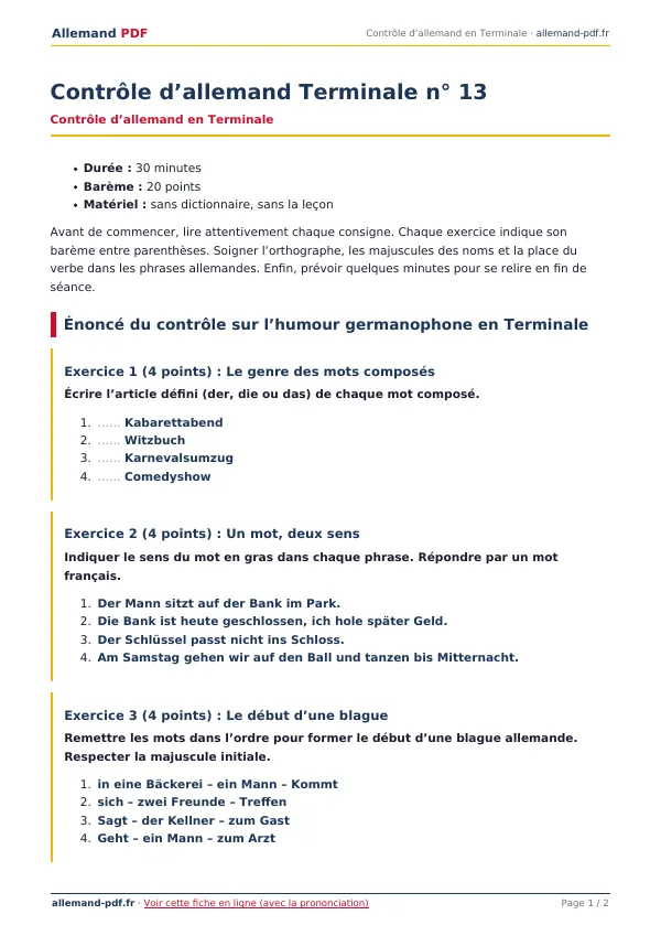 Contrôle « Contrôle d’allemand Terminale n° 13 » en PDF