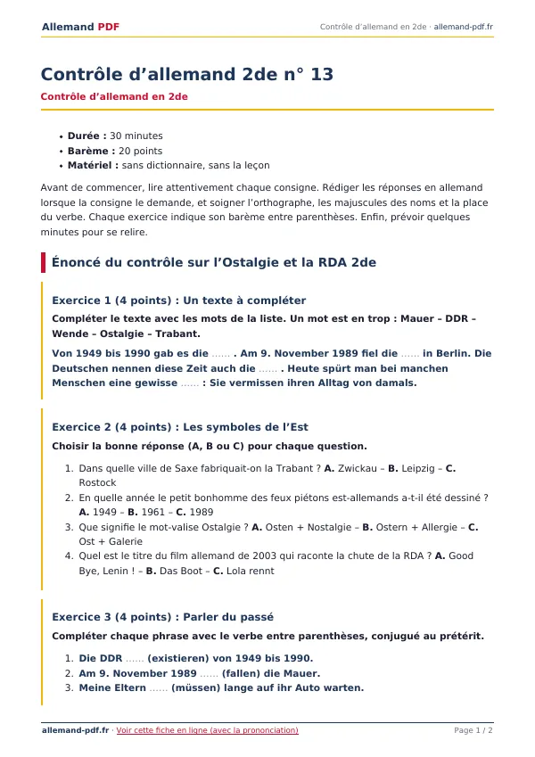 Contrôle « Contrôle d’allemand 2de n° 13 » en PDF
