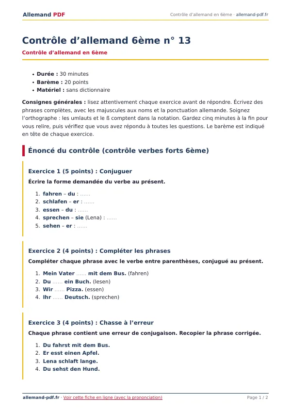 Contrôle « Contrôle d’allemand 6ème n° 13 » en PDF