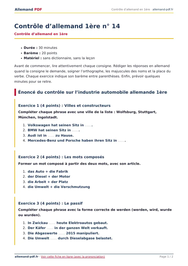 Contrôle « Contrôle d’allemand 1ère n° 14 » en PDF