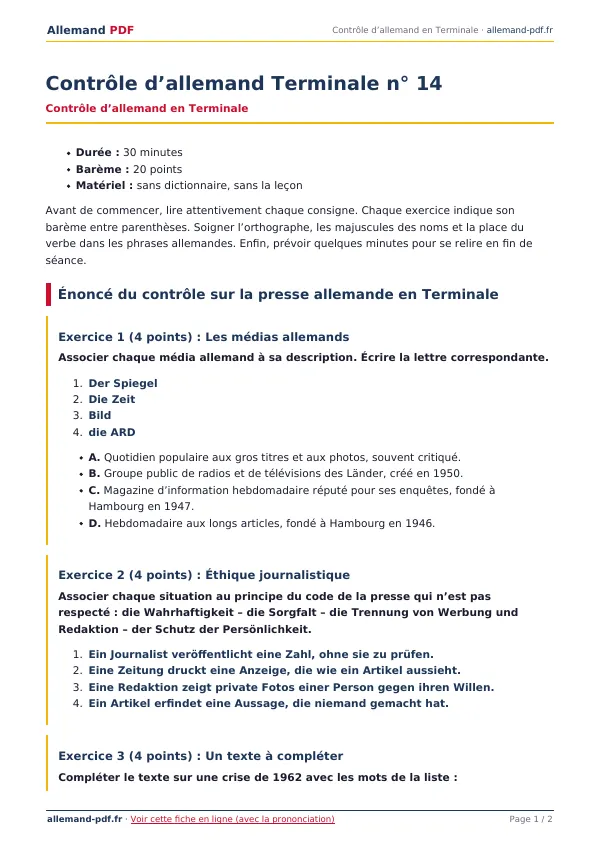 Contrôle « Contrôle d’allemand Terminale n° 14 » en PDF