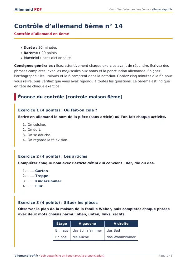 Contrôle « Contrôle d’allemand 6ème n° 14 » en PDF