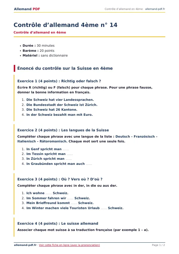 Contrôle « Contrôle d’allemand 4ème n° 14 » en PDF