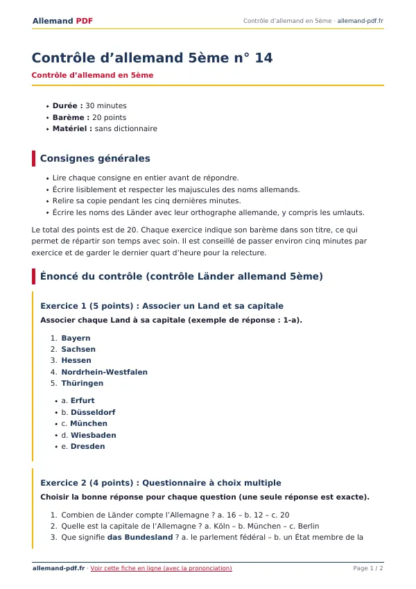 Contrôle « Contrôle d’allemand 5ème n° 14 » en PDF