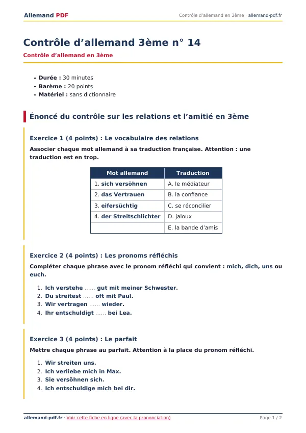 Contrôle « Contrôle d’allemand 3ème n° 14 » en PDF