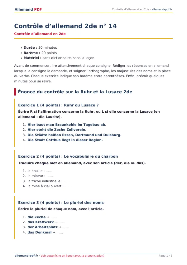 Contrôle « Contrôle d’allemand 2de n° 14 » en PDF