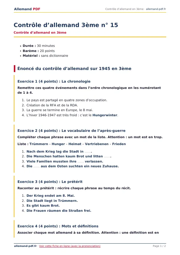Contrôle « Contrôle d’allemand 3ème n° 15 » en PDF
