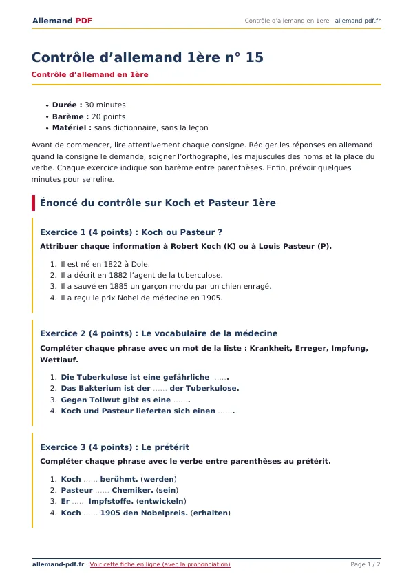 Contrôle « Contrôle d’allemand 1ère n° 15 » en PDF