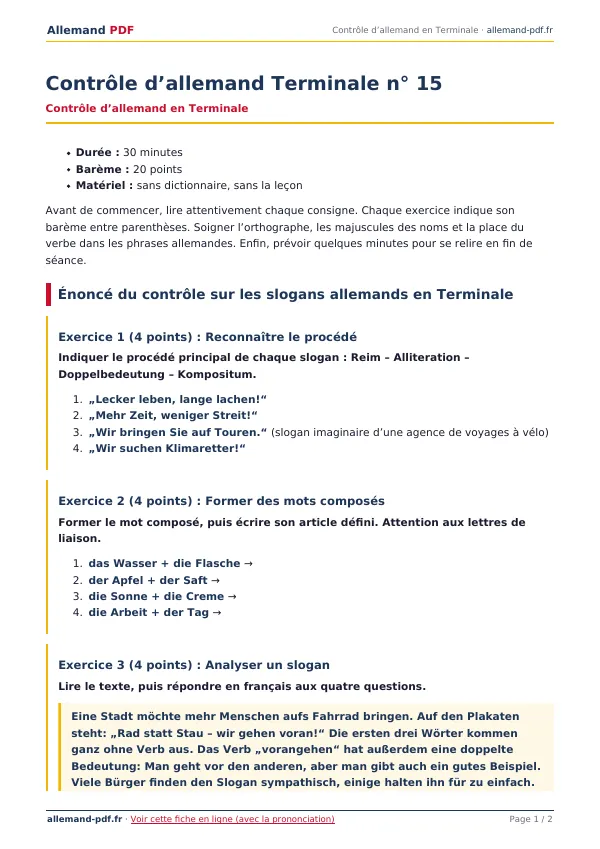 Contrôle « Contrôle d’allemand Terminale n° 15 » en PDF