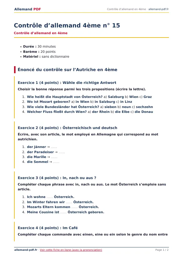 Contrôle « Contrôle d’allemand 4ème n° 15 » en PDF