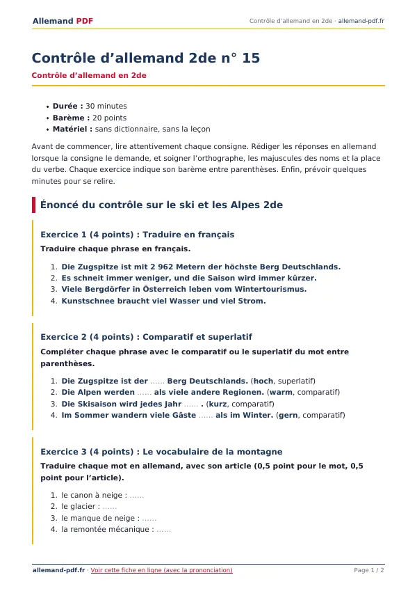 Contrôle « Contrôle d’allemand 2de n° 15 » en PDF