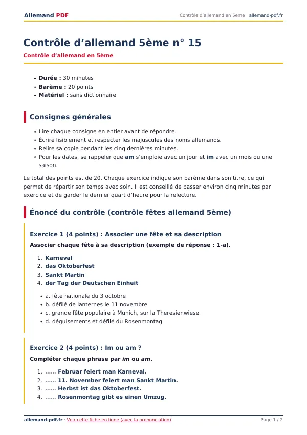 Contrôle « Contrôle d’allemand 5ème n° 15 » en PDF